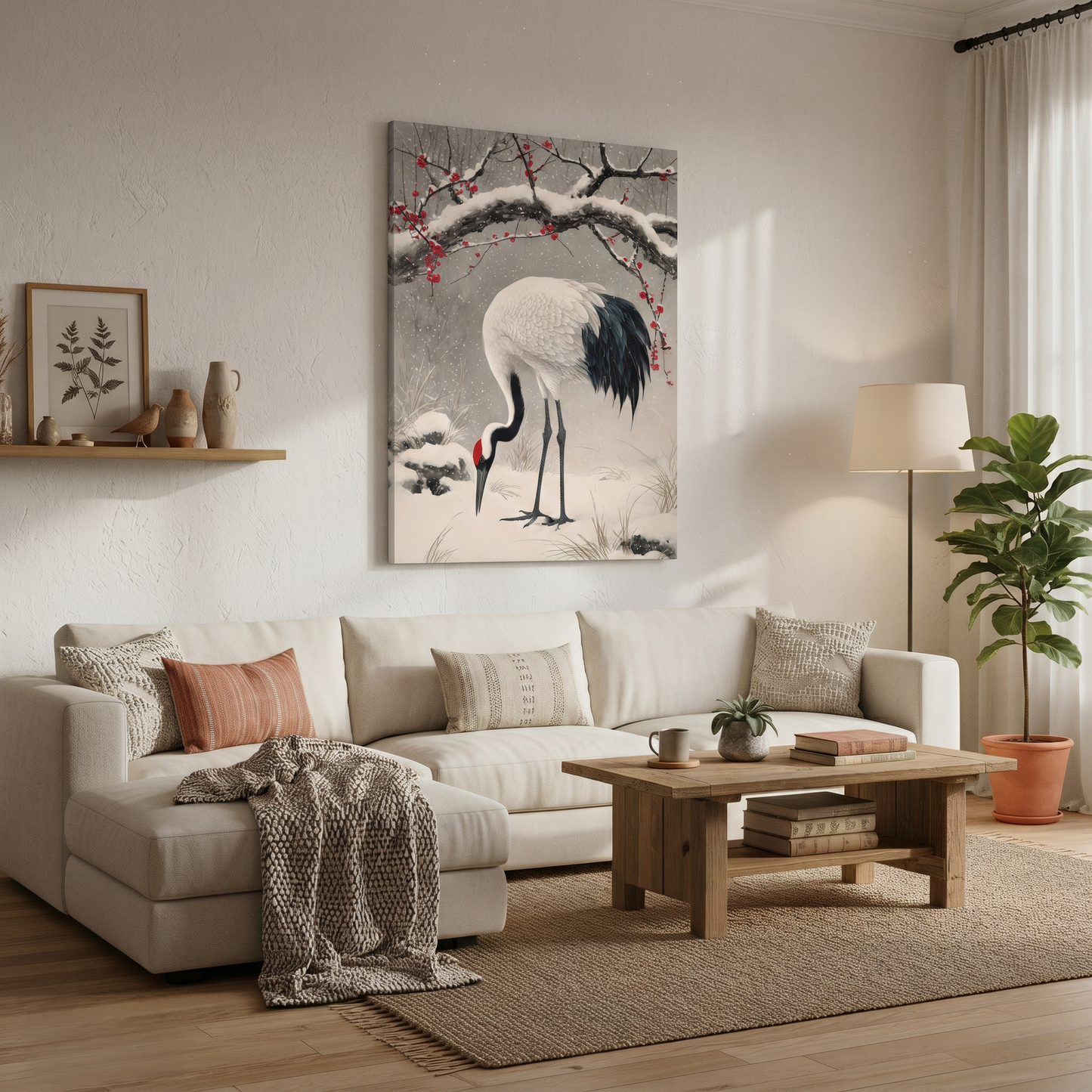 Living room with a beige sectional sofa, wooden coffee table, and wall art of a crane.