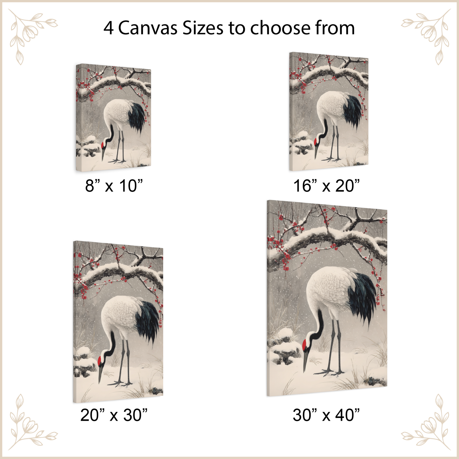 Canvas prints of cranes in a snowy landscape with size options displayed.