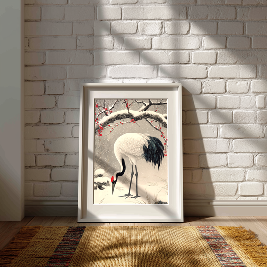 Framed artwork of a crane bird on a brick wall background