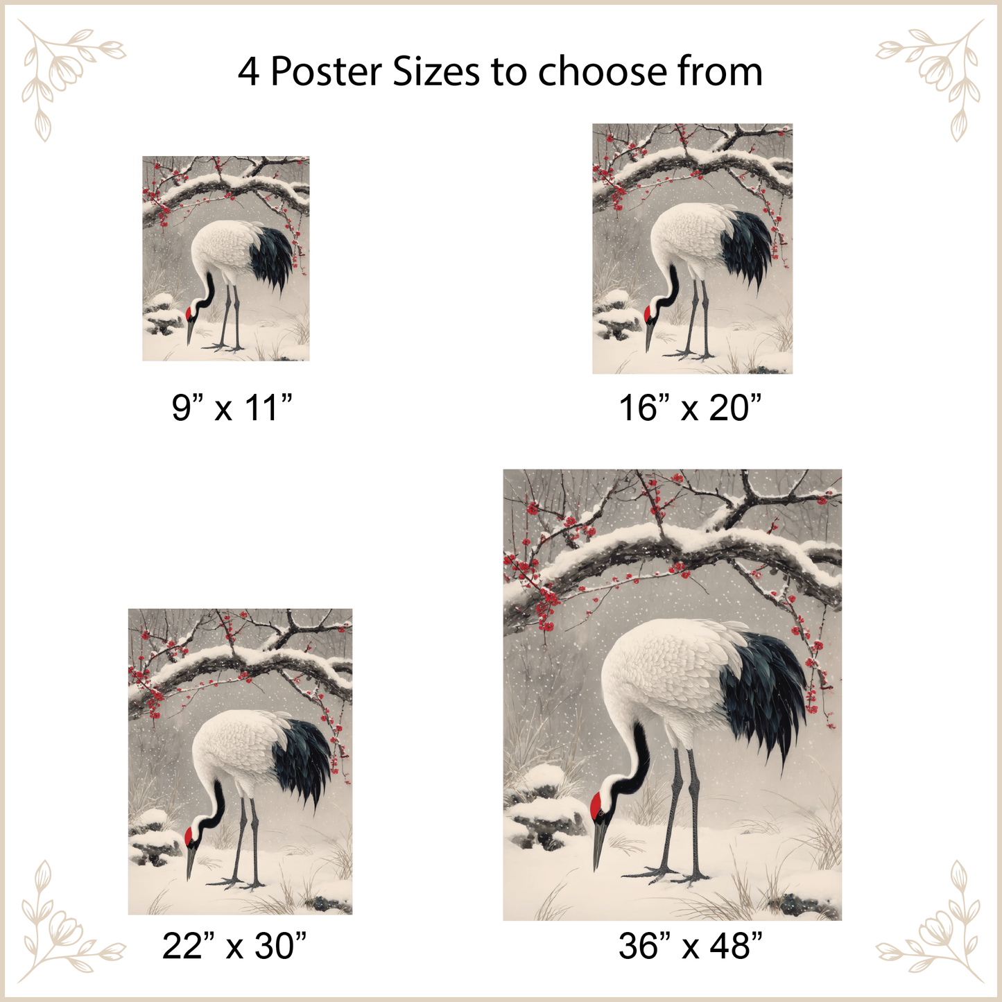 Poster with crane design in various sizes on a light background