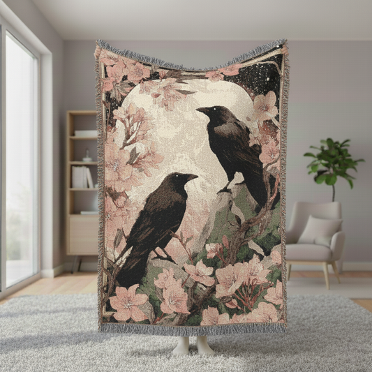 Crow Woven Blanket, Raven Cherry Blossom Tapestry Wall Hanging, Moon Art Throw, Cottagecore Goth Decor, Witchy Japanese Style Home Gift