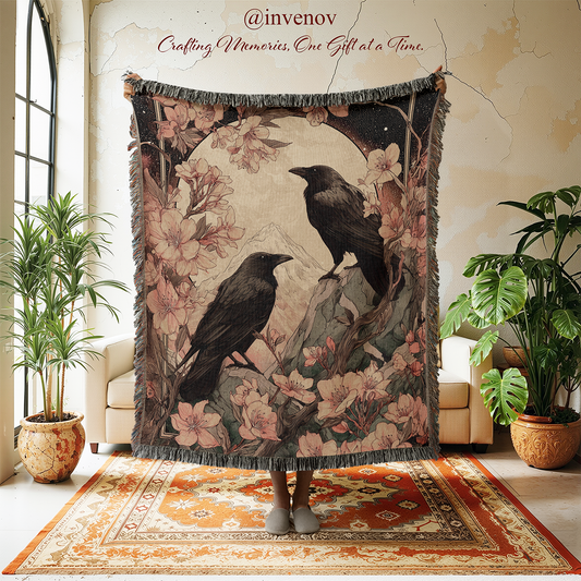 Decorative throw blanket with crow design in a room with plants and furniture.