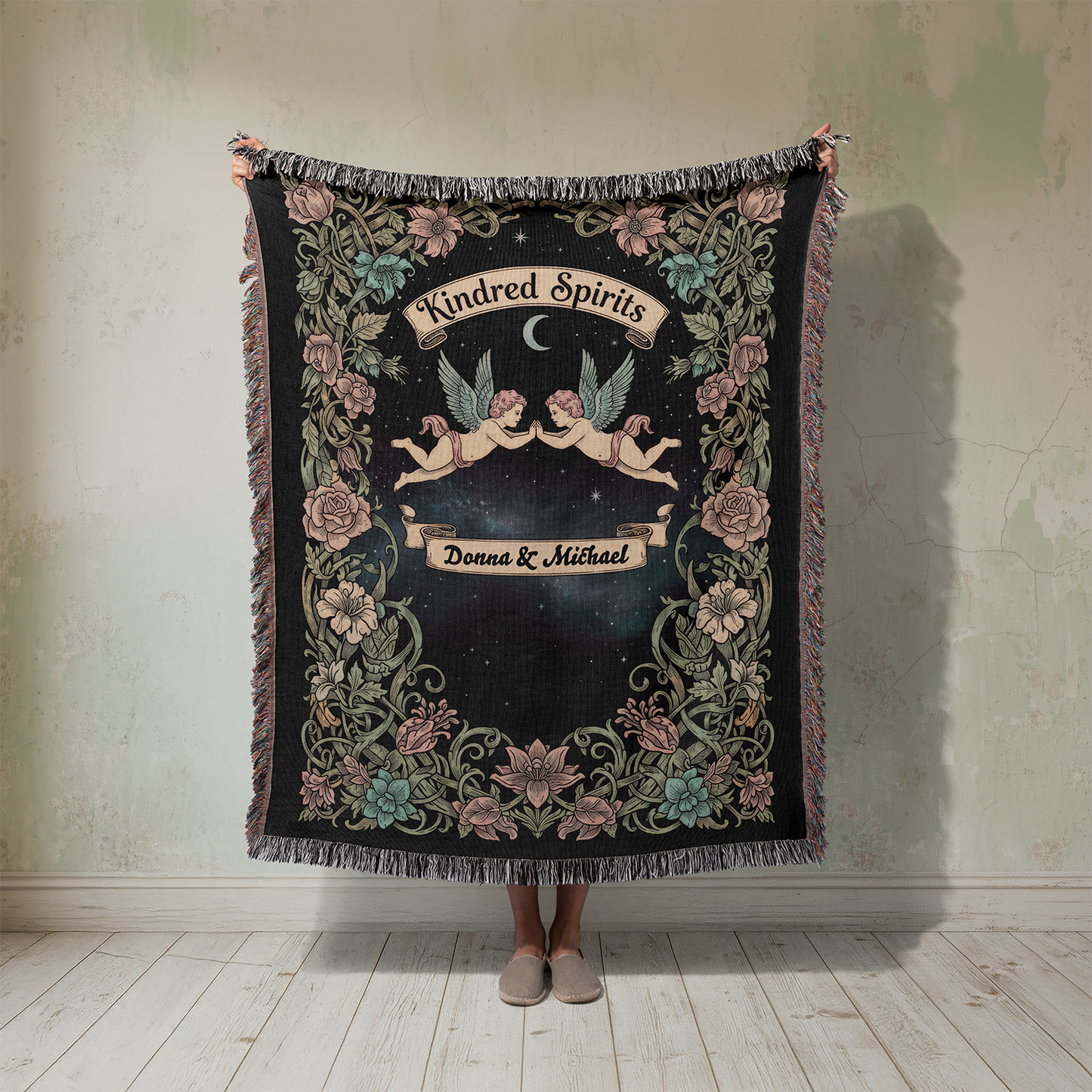 Personalized Cherub Woven Blanket, Custom Cupid Couple Names Tapestry, Kindred Spirits Wedding Jacquard Gift, Celestial Valentine's Day Gift