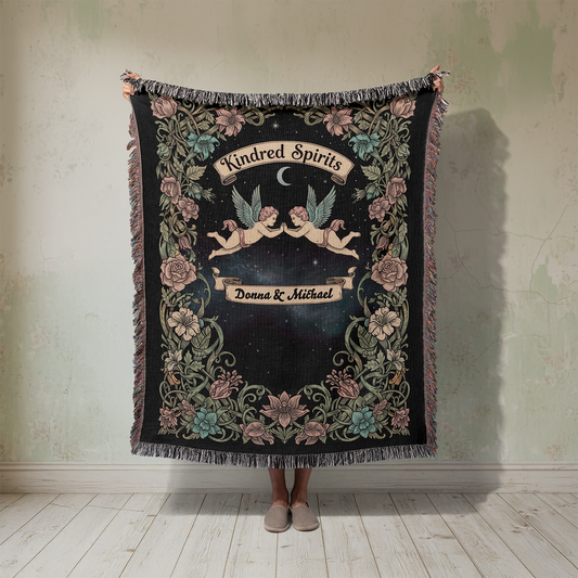 Personalized Cherub Woven Blanket, Custom Cupid Couple Names Tapestry, Kindred Spirits Wedding Jacquard Gift, Celestial Valentine's Day Gift