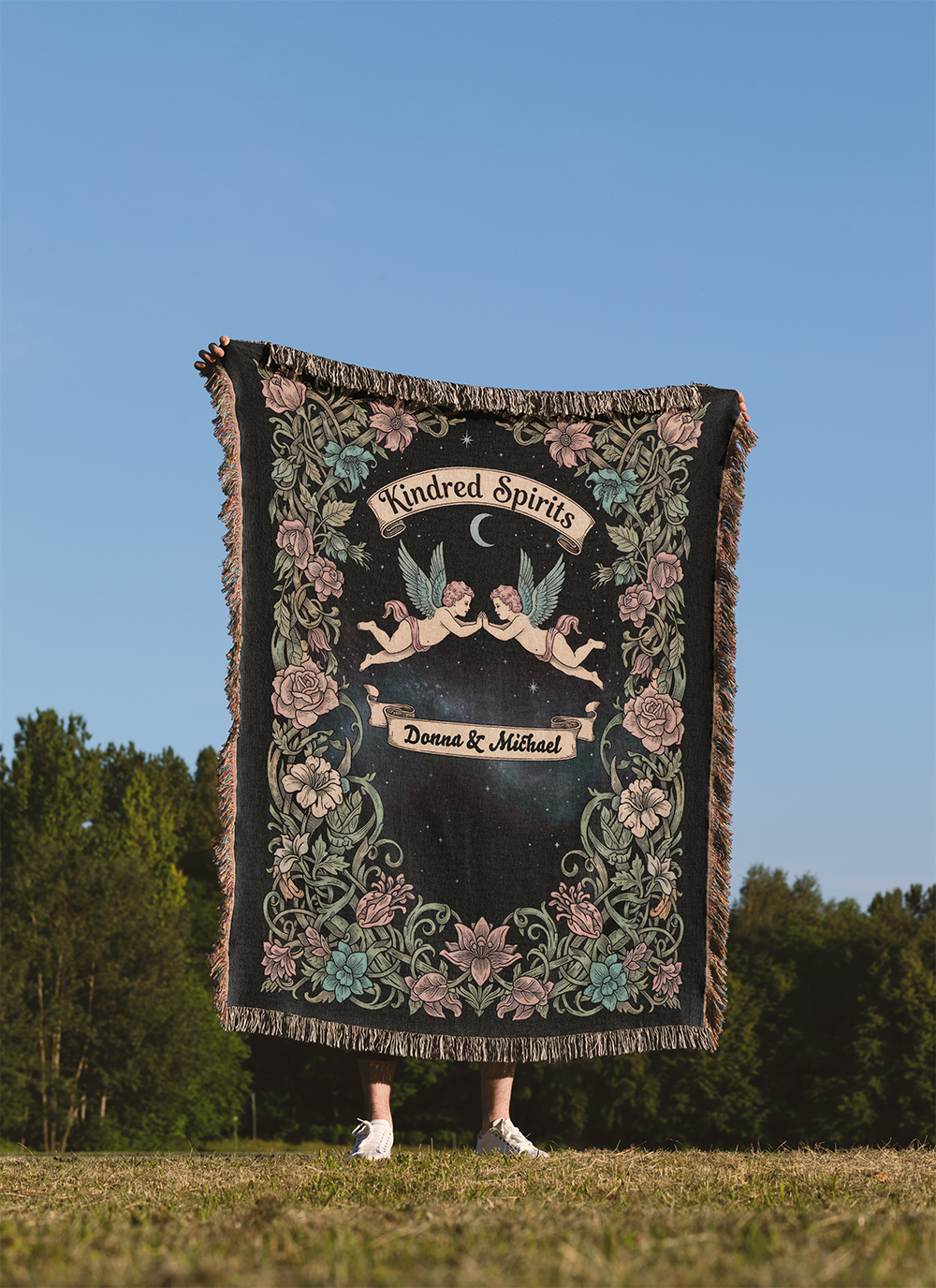 Personalized Cherub Woven Blanket, Custom Cupid Couple Names Tapestry, Kindred Spirits Wedding Jacquard Gift, Celestial Valentine's Day Gift