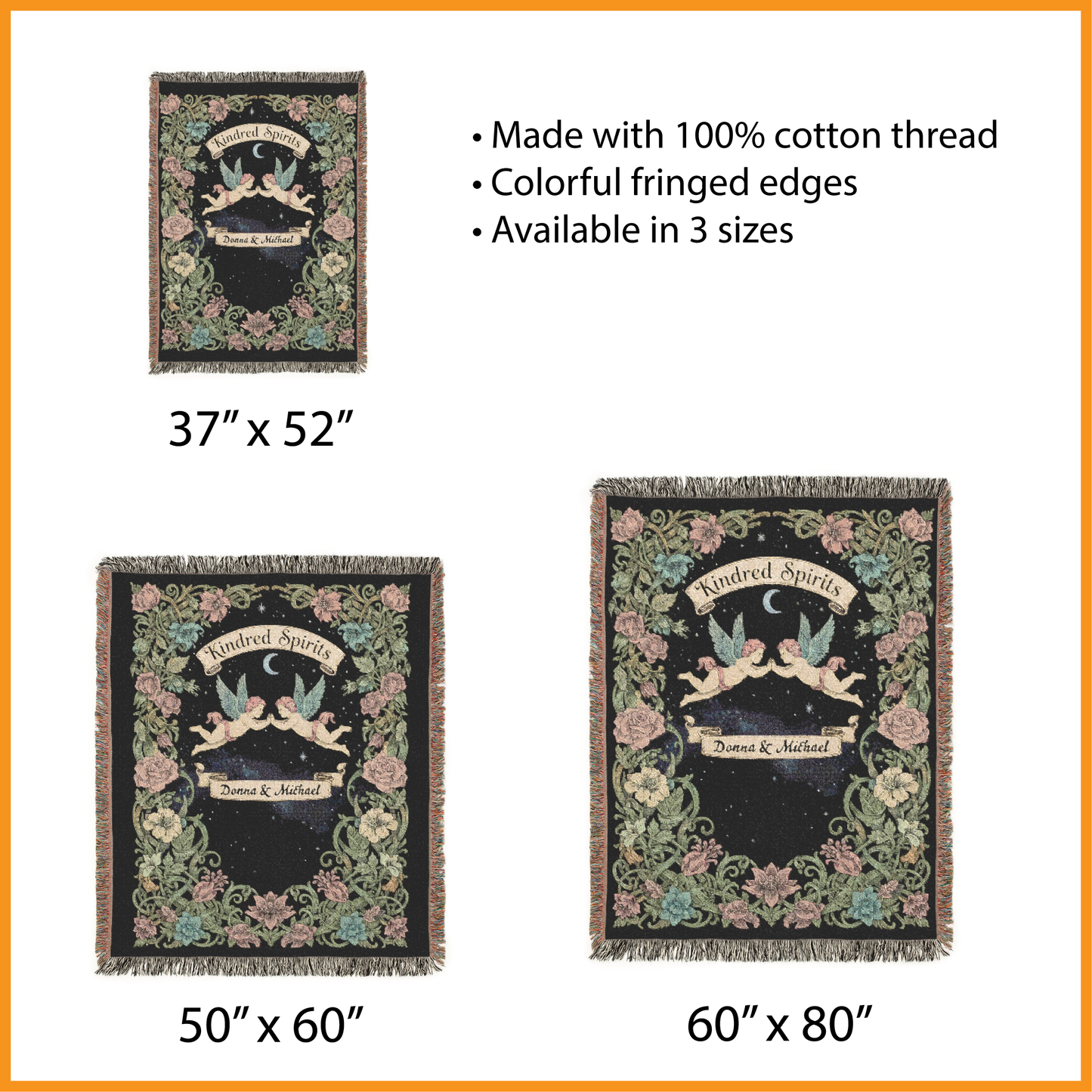 Personalized Cherub Woven Blanket, Custom Cupid Couple Names Tapestry, Kindred Spirits Wedding Jacquard Gift, Celestial Valentine's Day Gift