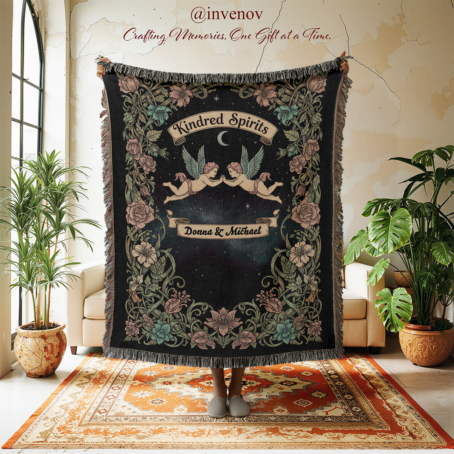 Decorative tapestry in a room with plants and furniture.