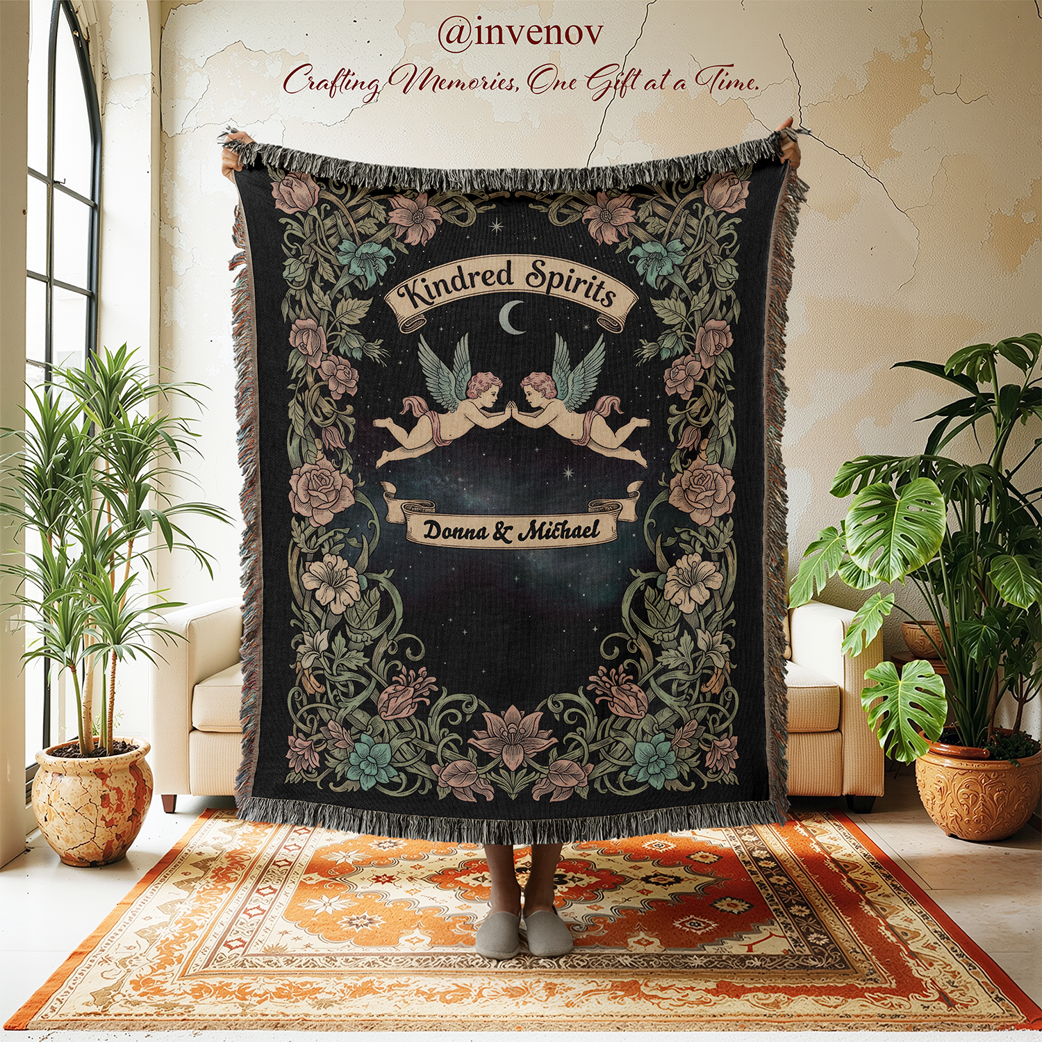 Decorative tapestry in a room with plants and furniture.