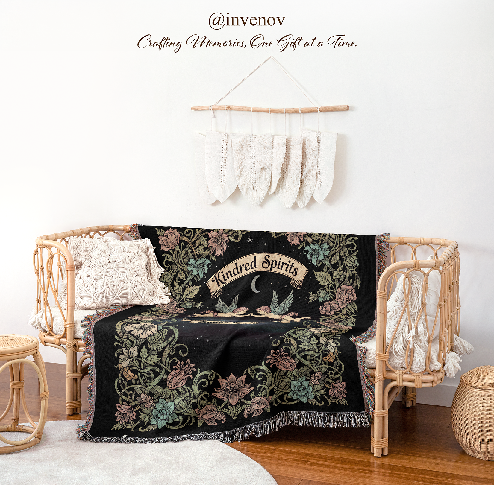 Decorative blanket draped over a wicker chair