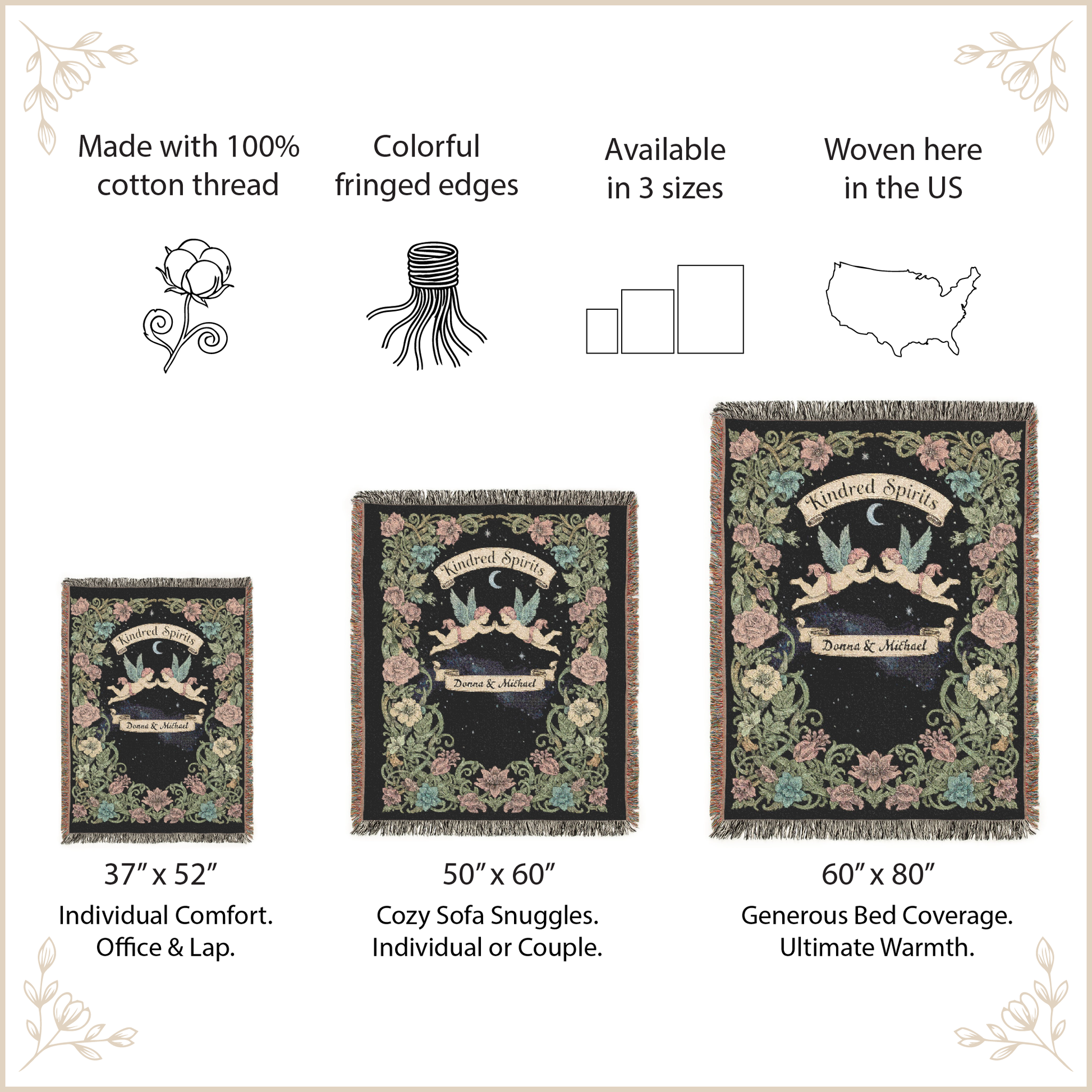 Decorative throw blanket with fringed edges, shown in three sizes, on a light beige background.