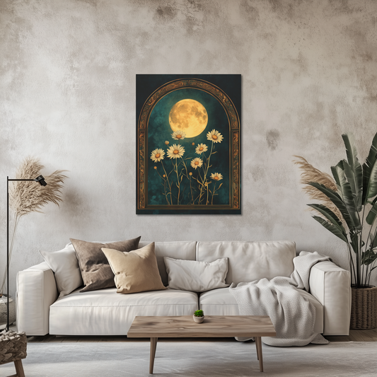 Daisy Flower Wall Art, Moonlit Floral Canvas Art, Flower Decor, Boho Wall Art, Home Decor, Gift for Nature Lovers, Bedroom Wall Hanging