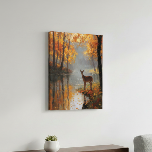 Canvas print of a deer in an autumn forest scene on a wall above a wooden shelf with a plant.