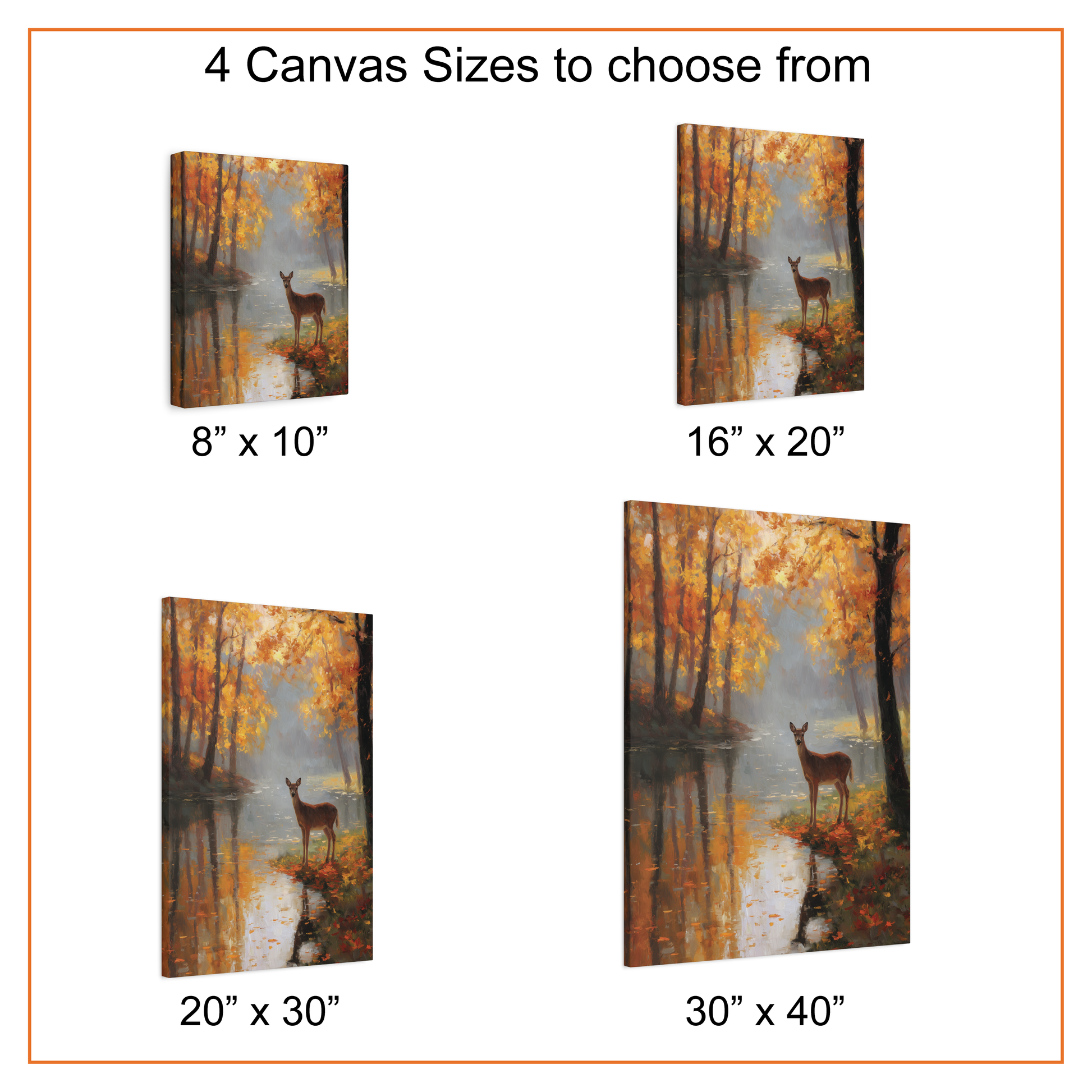 Canvas prints of a deer in a forest scene with available sizes displayed.