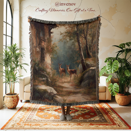 Decorative blanket with a forest scene featuring deer, displayed in a room with plants and furniture.