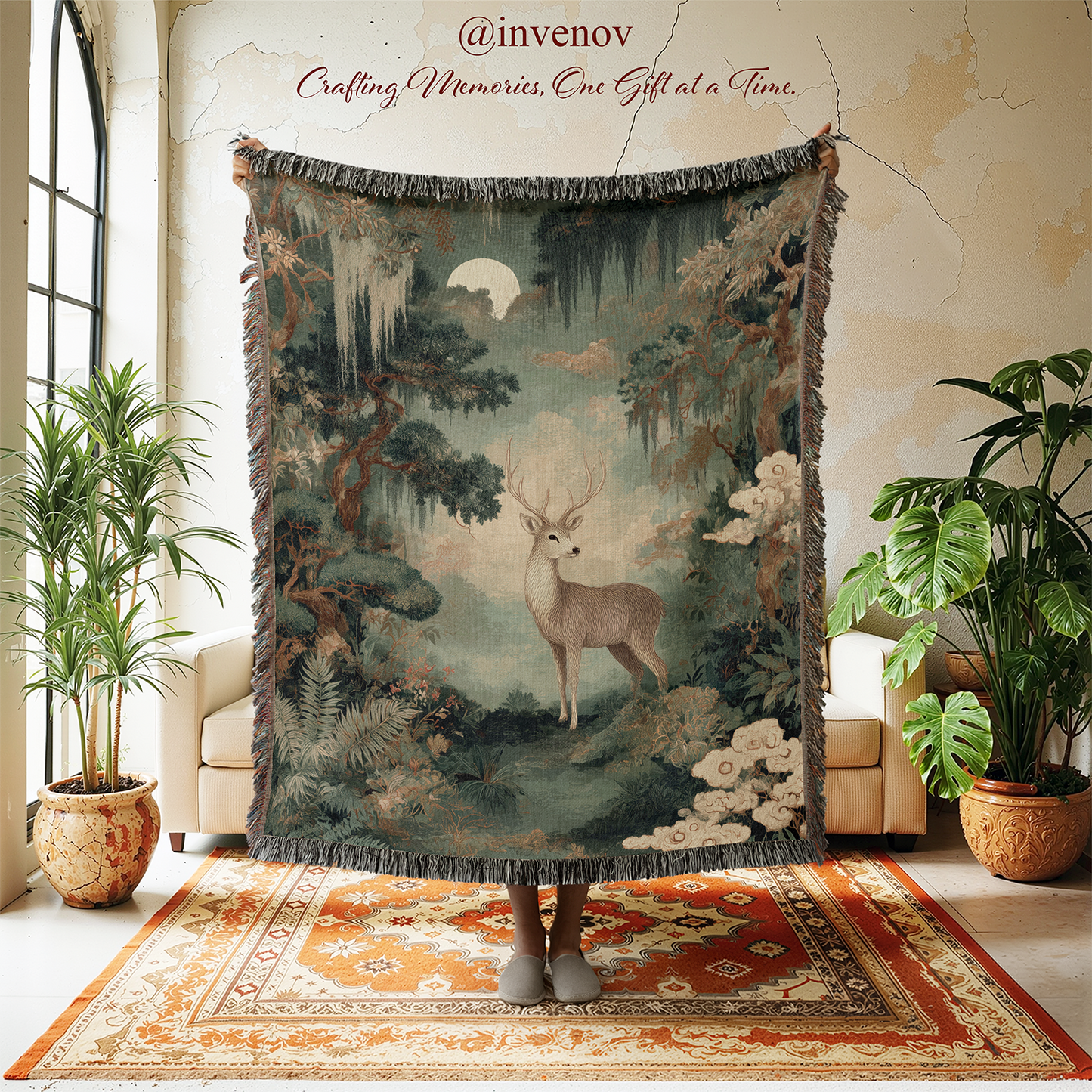 Decorative tapestry with a deer design in a room with plants and furniture.