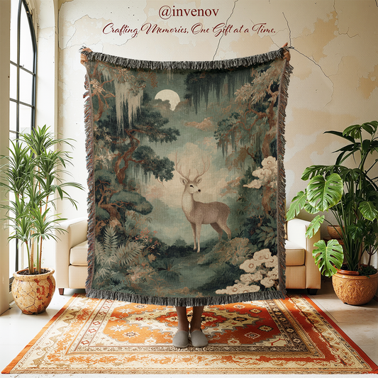 Decorative tapestry with a deer design in a room with plants and furniture.