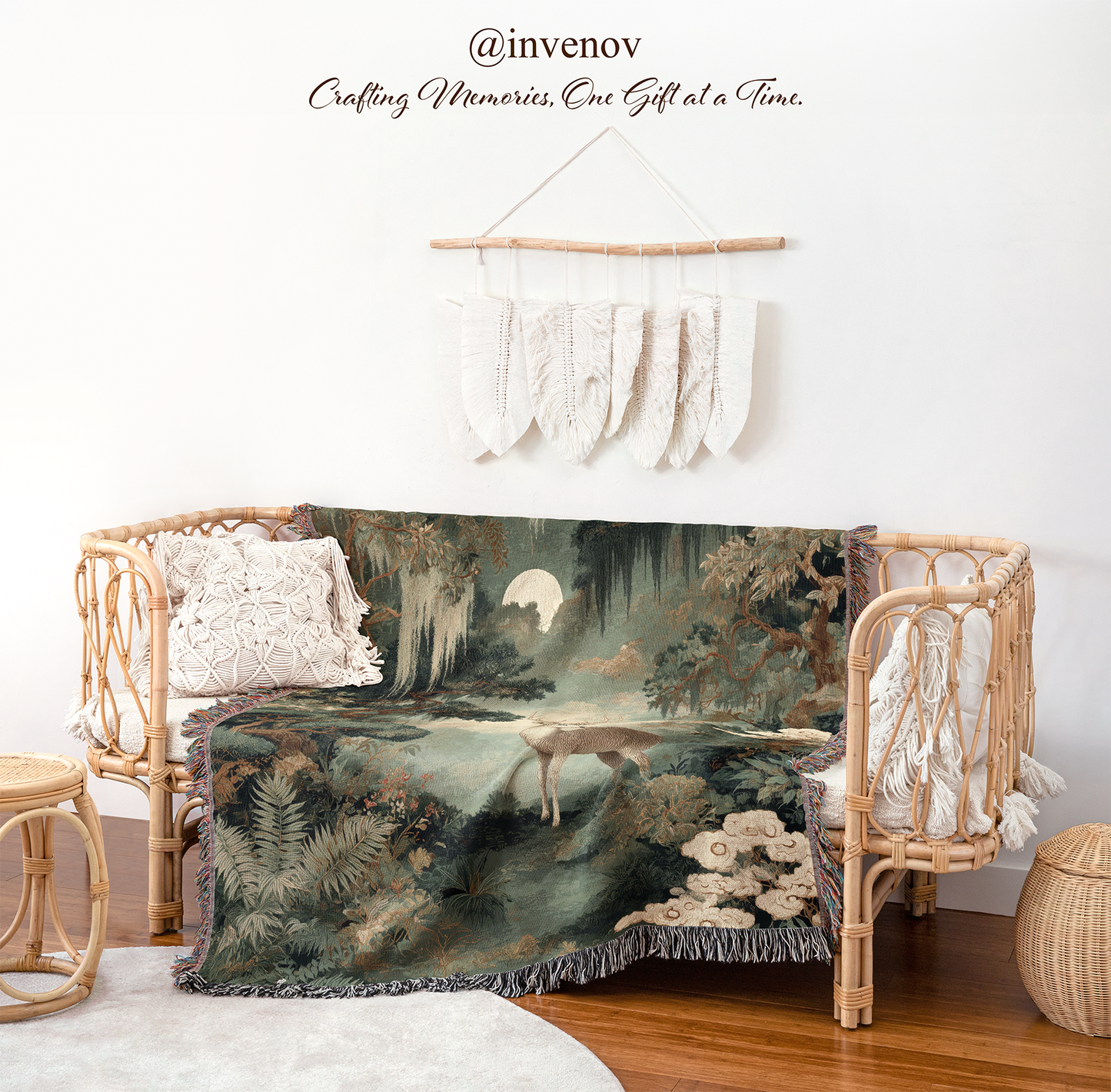 Decorative blanket with nature design draped over a wicker chair