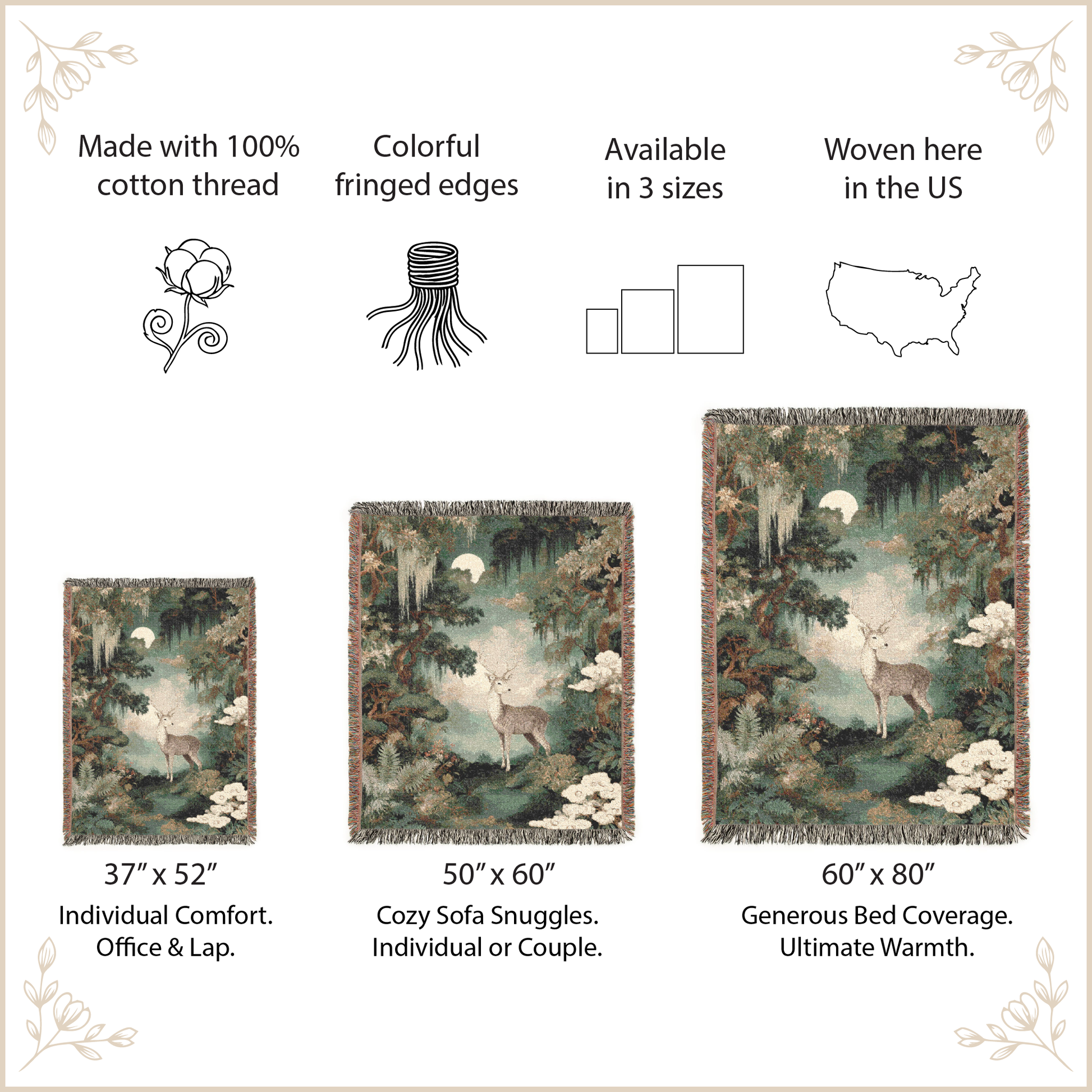 Decorative throw blanket with nature-themed design, size options, and features listed.