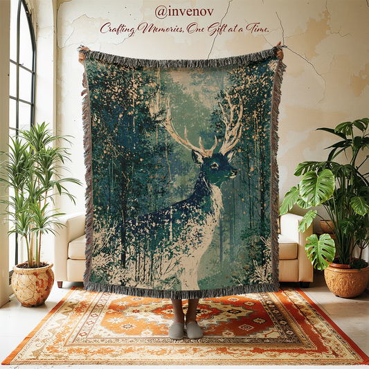 A large woven tapestry with fringe edges is held up by a person in a styled room. The tapestry features a detailed illustration of a deer in a forest with the text 'Crafting Memories, One Gift at a Time.