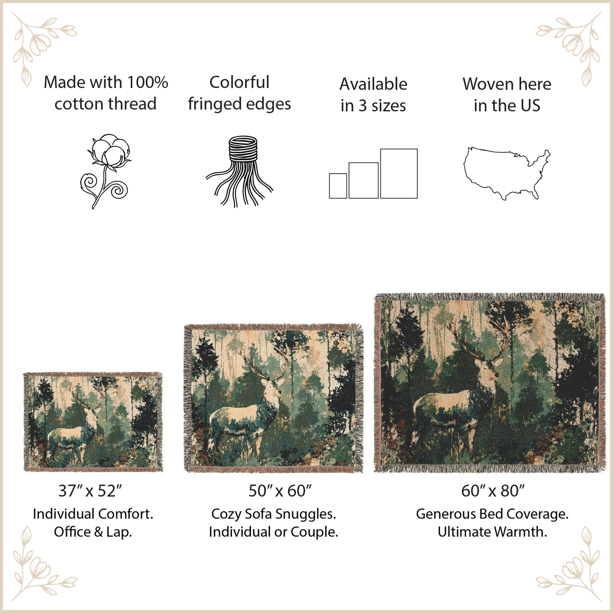 woven blanket with a deer designs with size options and features
