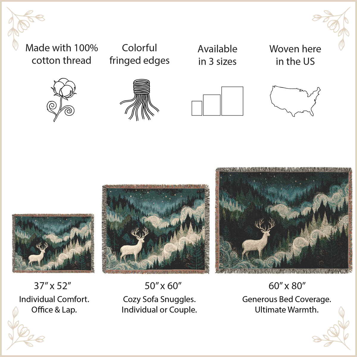 woven blanket with deer graphic designs with size options and features