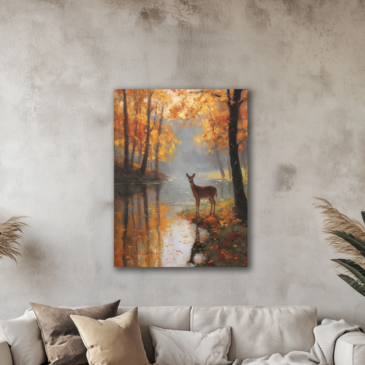 Living room with a sofa, coffee table, and wall art of a deer in an autumn forest.
