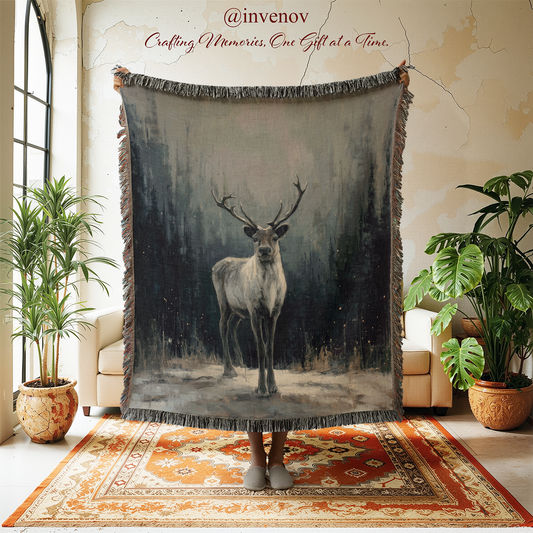 Decorative throw blanket with a deer design in a room with plants and furniture.
