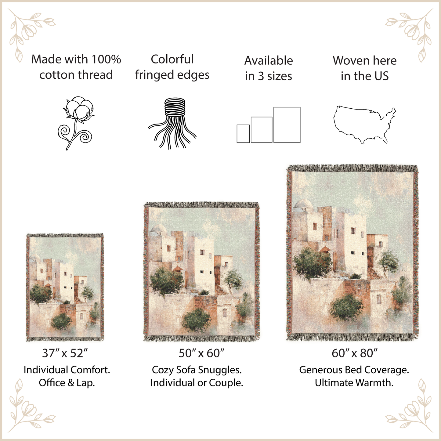 Woven blanket with architectural design, size options, and features listed on a beige background.