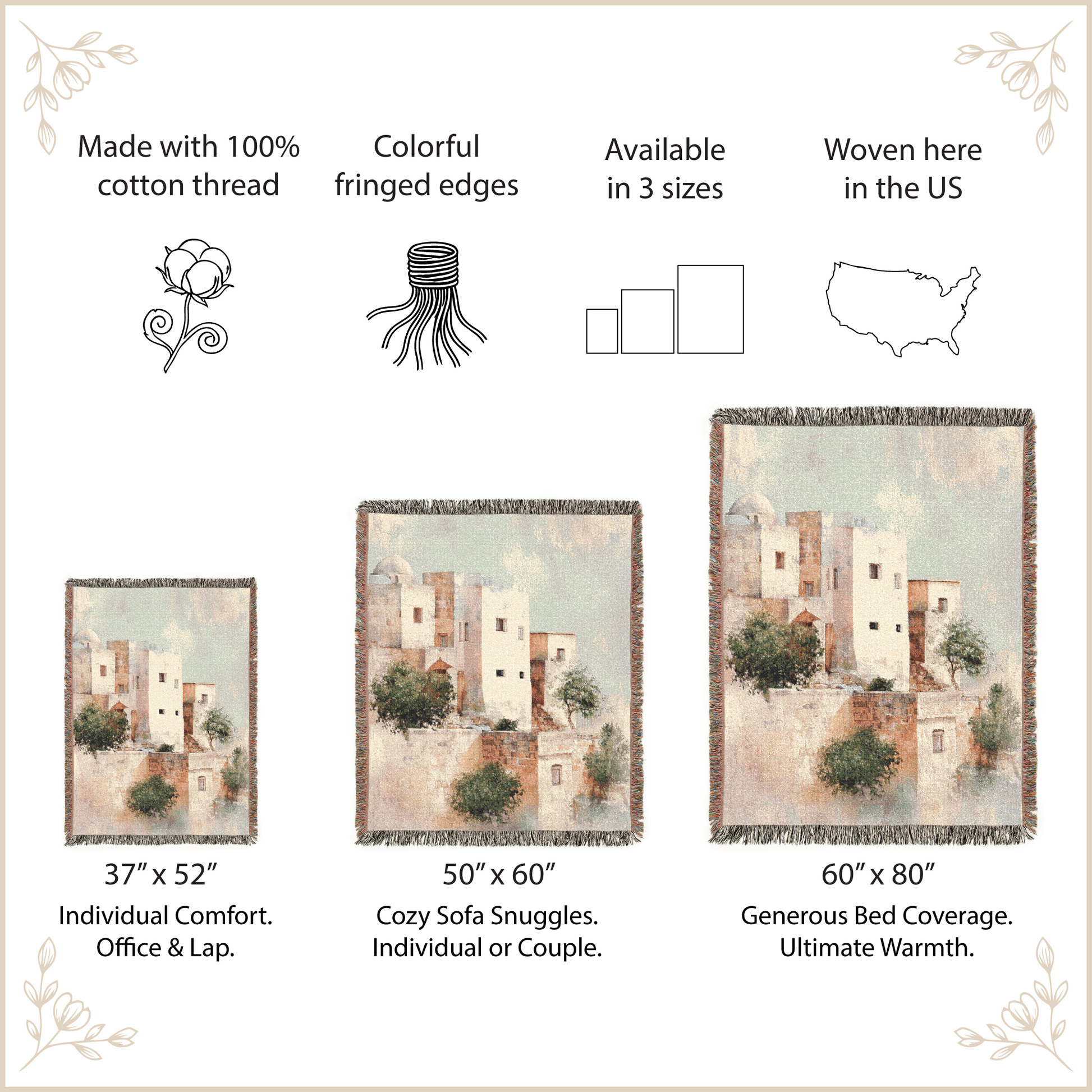 Woven blanket with architectural design, size options, and features listed on a beige background.