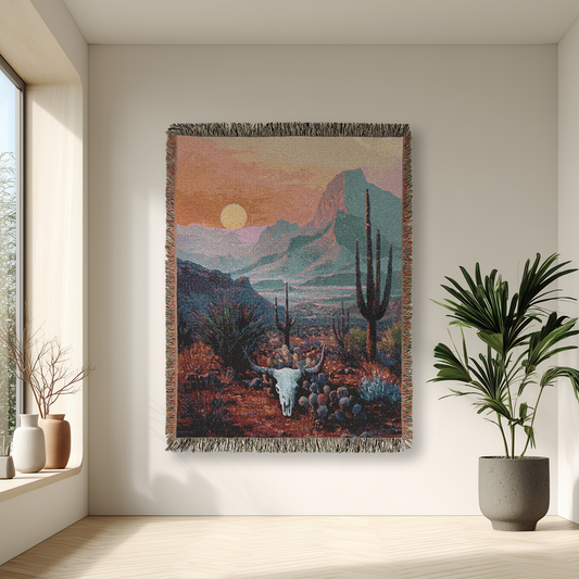 Southwestern Sunset Woven Blanket, Desert Landscape Throw, Southwest Decor, Wall Tapestry, Cozy Couch Bed Blanket, Rustic Home Accent