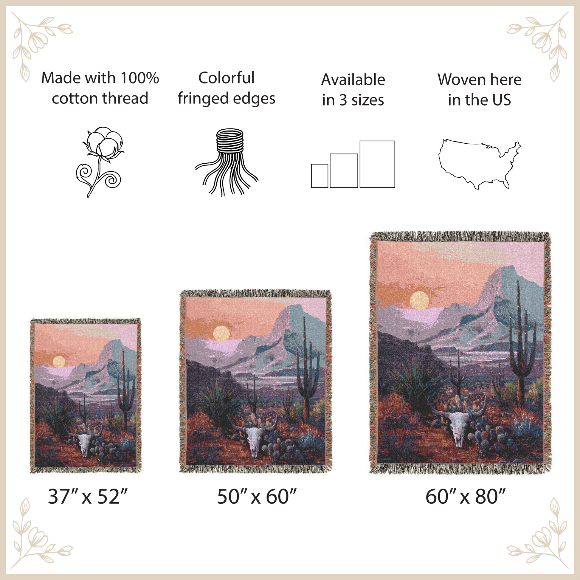 Woven blanket with desert landscape design, featuring size options and product details.