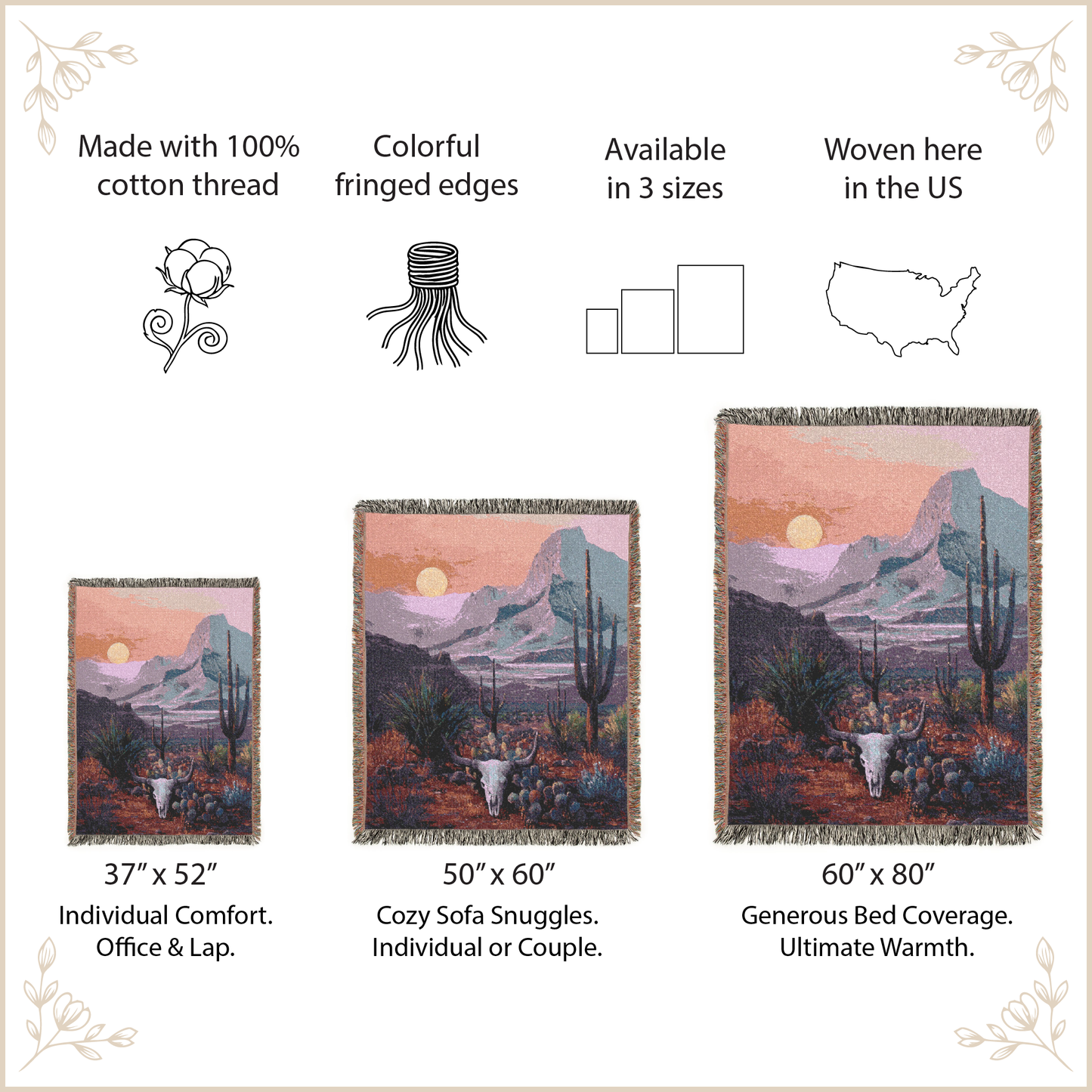 Woven blanket with mountain and desert design, featuring size options and material details.