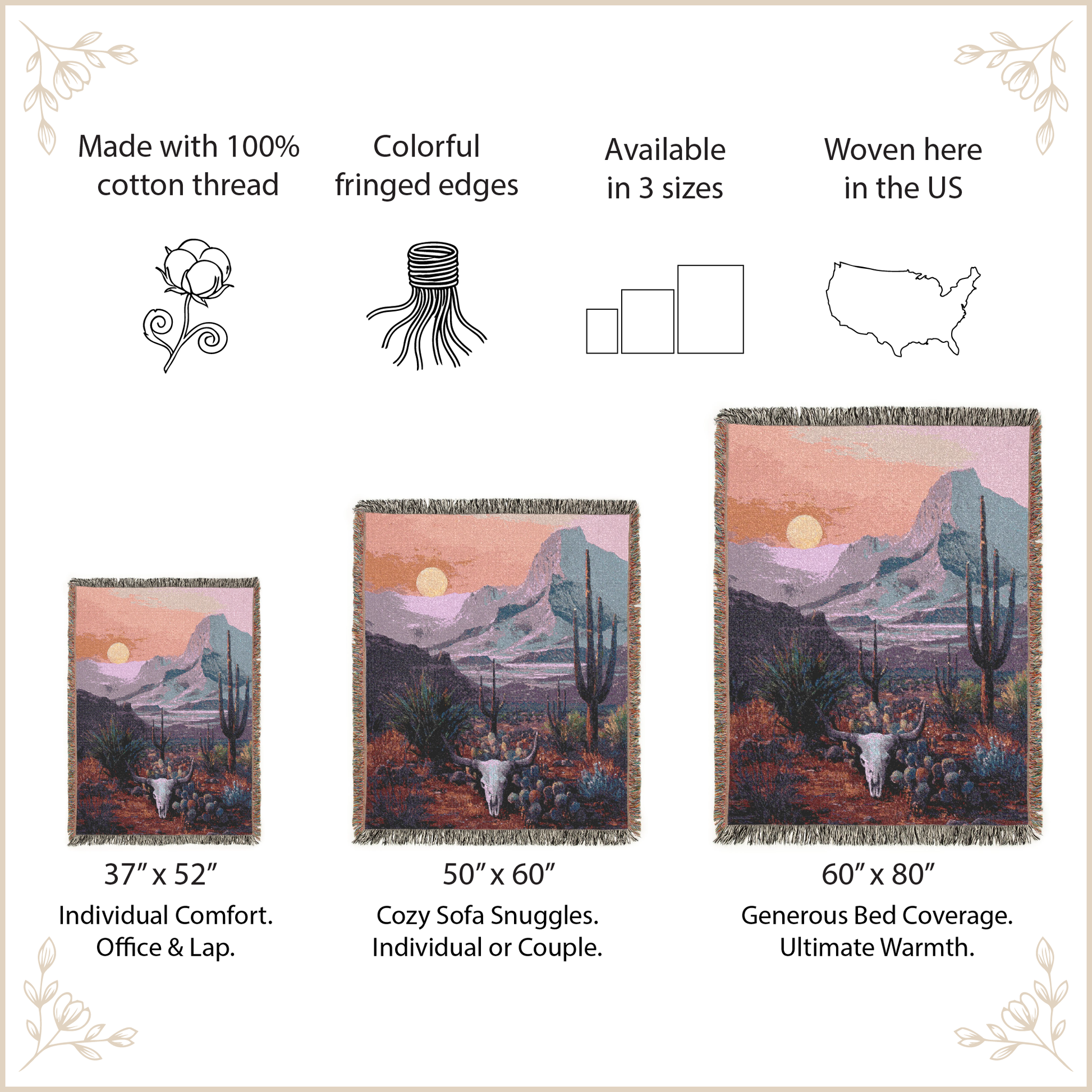 Woven blanket with mountain and desert design, featuring size options and material details.