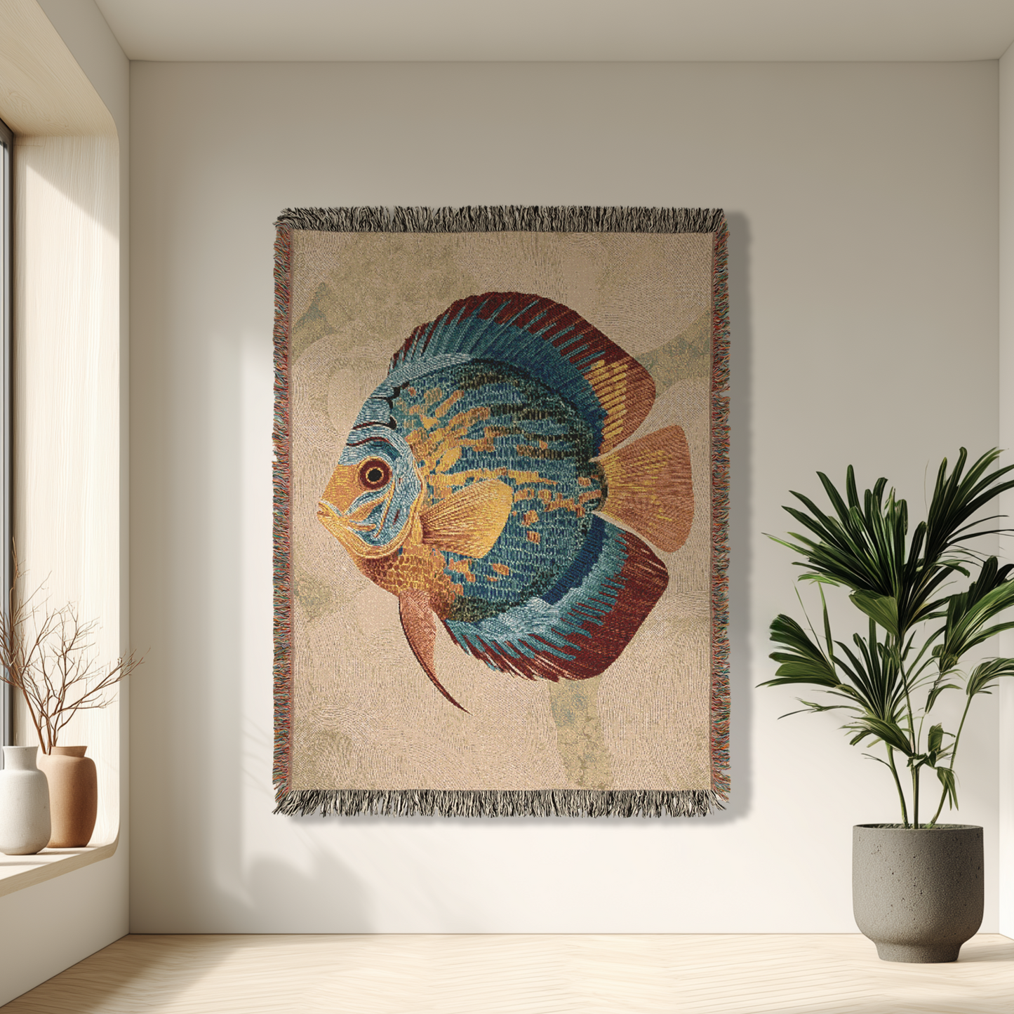 Discus Fish Woven Blanket, Vibrant Underwater Serenity Throw, Coastal Home Decor, Artistic Fringed Couch Blanket, Beach Picnic Blanket