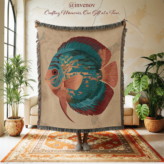 Decorative fish tapestry in a room with plants and furniture.