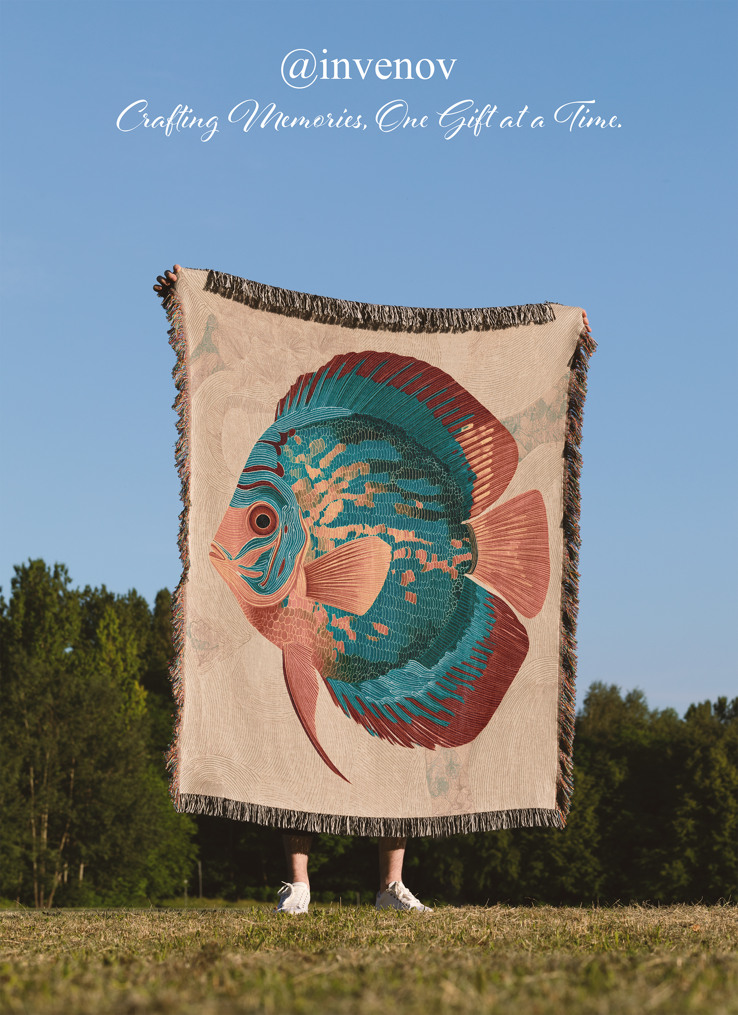 Person holding a fish-themed blanket with a blue sky and trees in the background