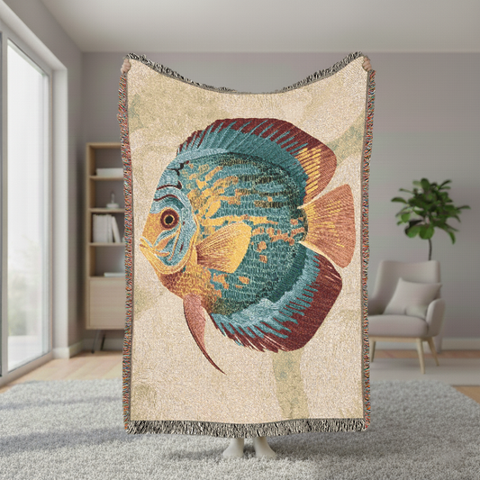 Discus Fish Woven Blanket, Vibrant Underwater Serenity Throw, Coastal Home Decor, Artistic Fringed Couch Blanket, Beach Picnic Blanket