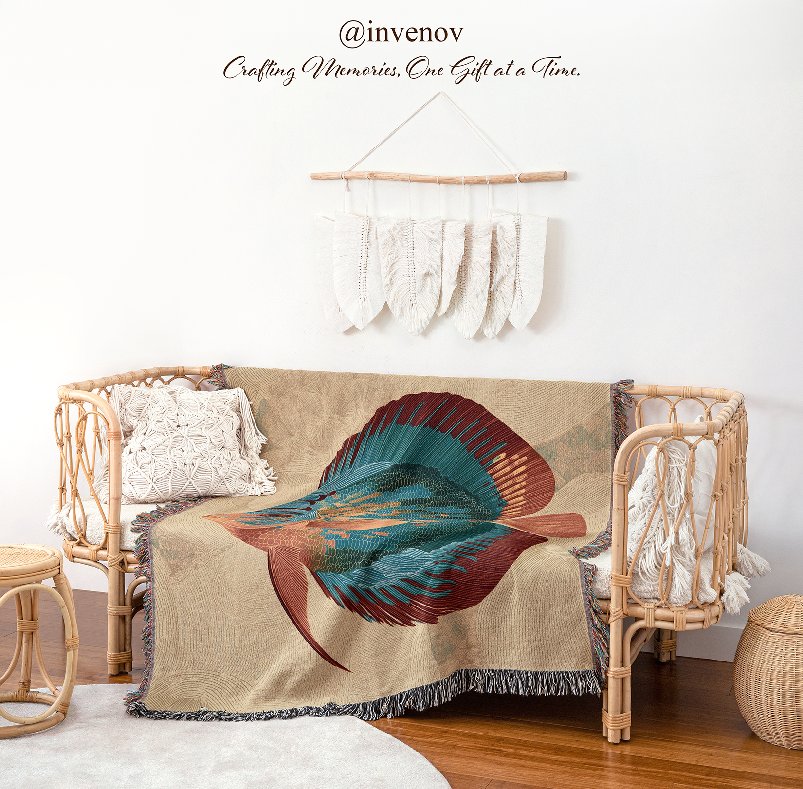 woven blanket with fish designs