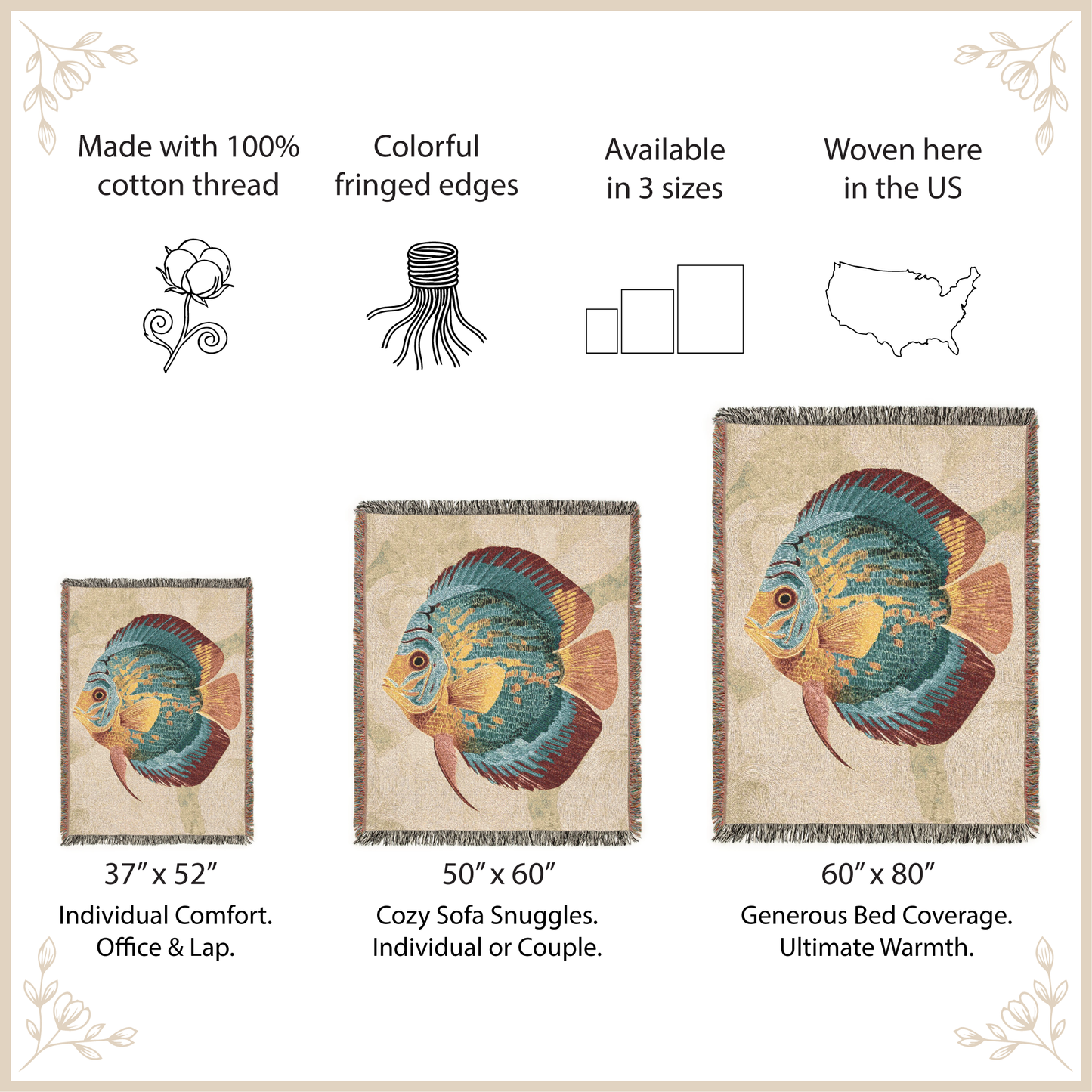 Fish-themed woven blanket with size options and features listed on a beige background.