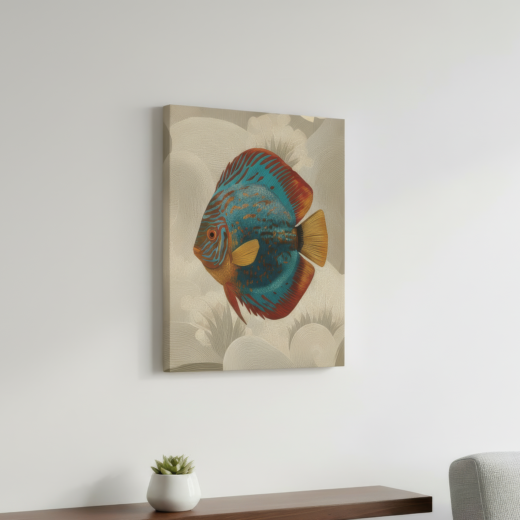 Canvas print of a colorful fish on a wall above a wooden shelf with a plant and gray sofa.