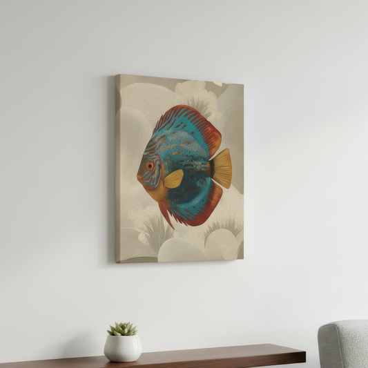 Canvas print of a colorful fish on a wall above a wooden shelf with a plant and gray sofa.
