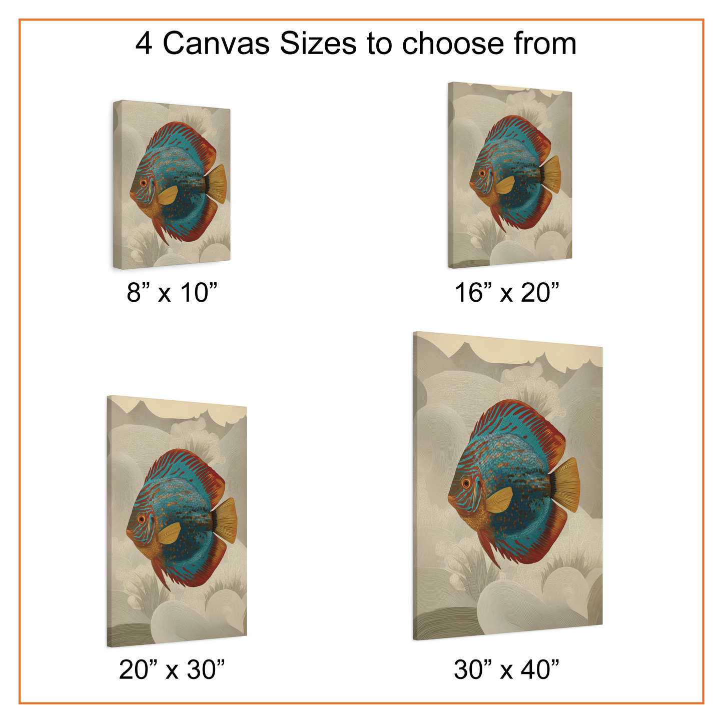 Canvas wall art with fish design in various sizes on a white background.