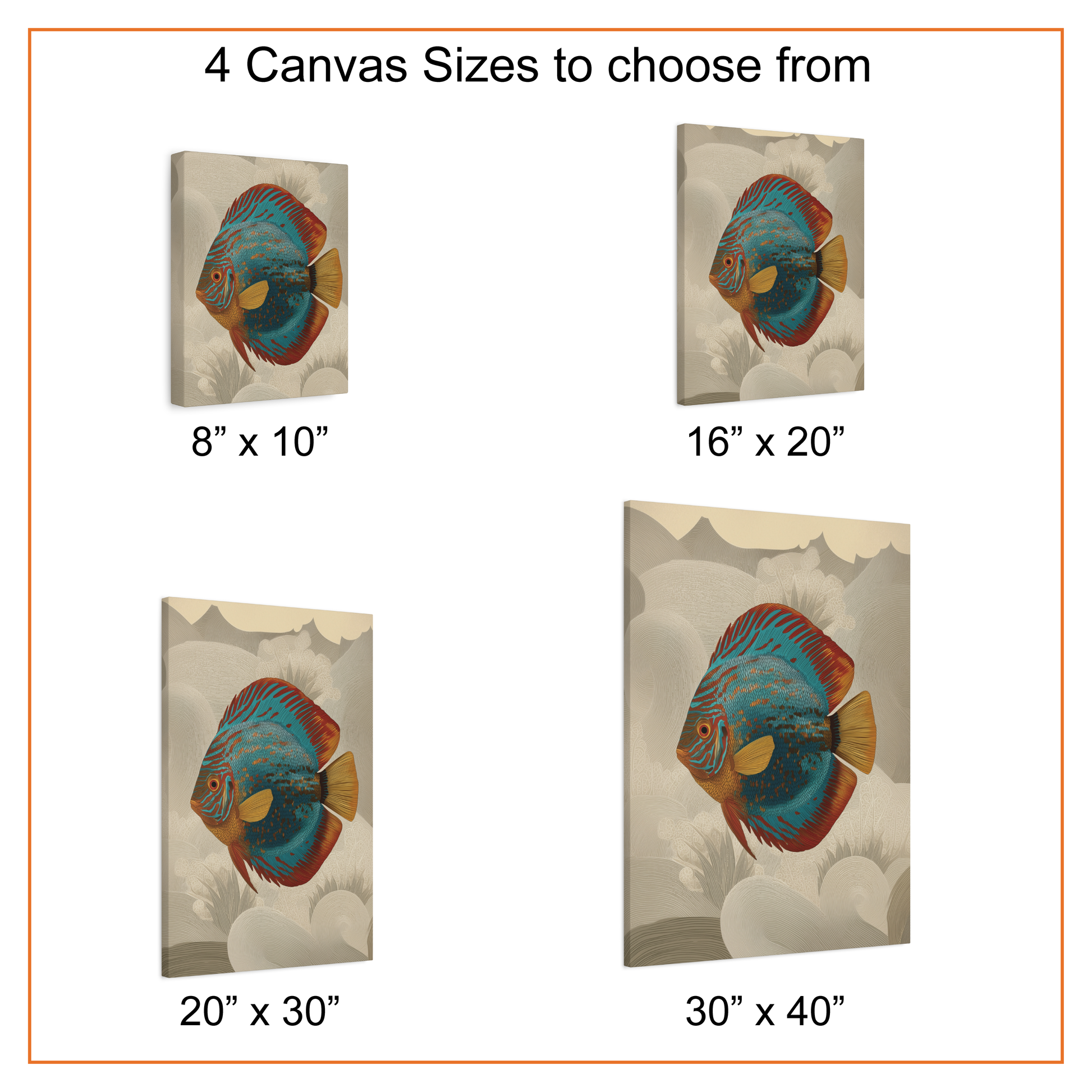 Canvas wall art with fish design in various sizes on a white background.