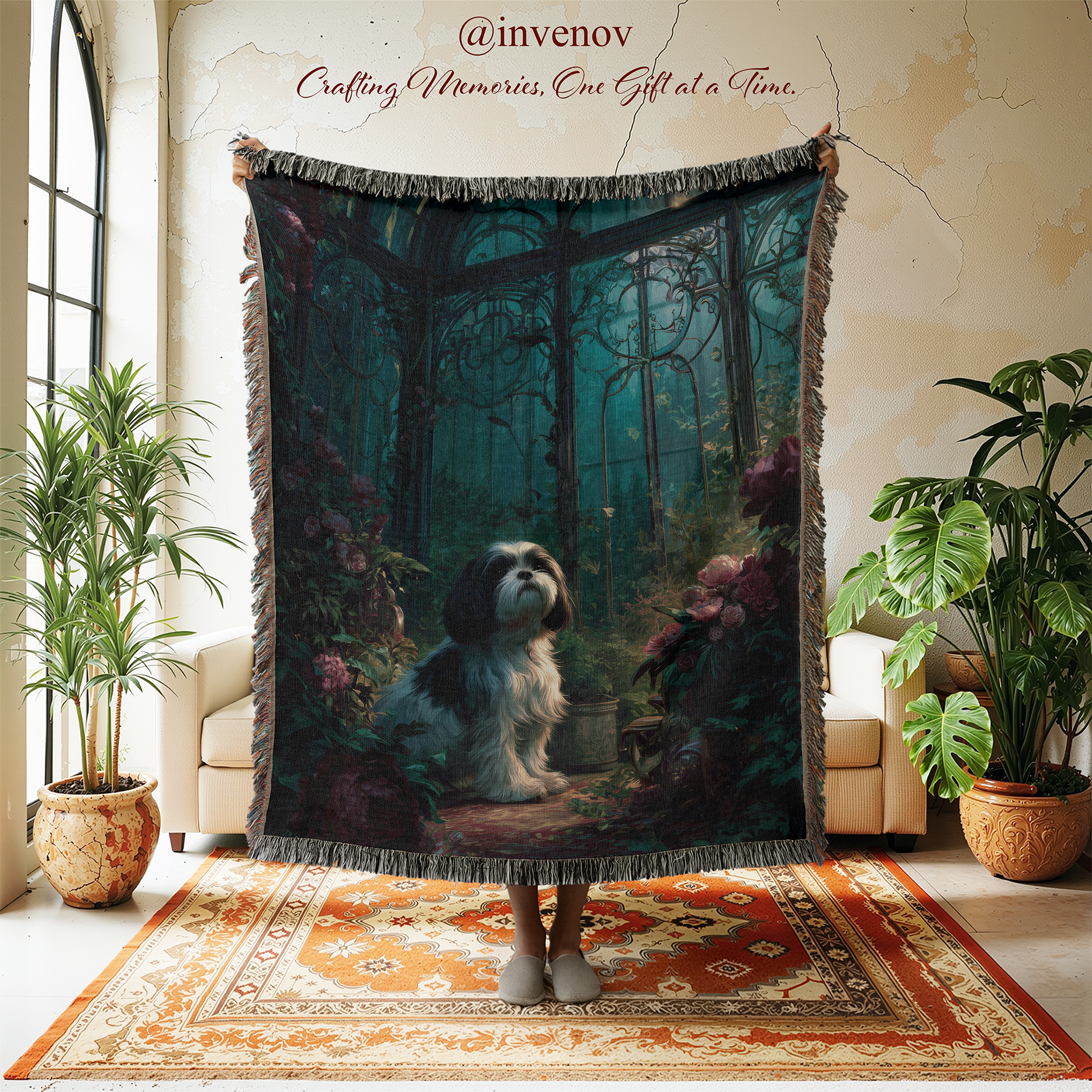 Woven blanket with a shih tzu dog graphic