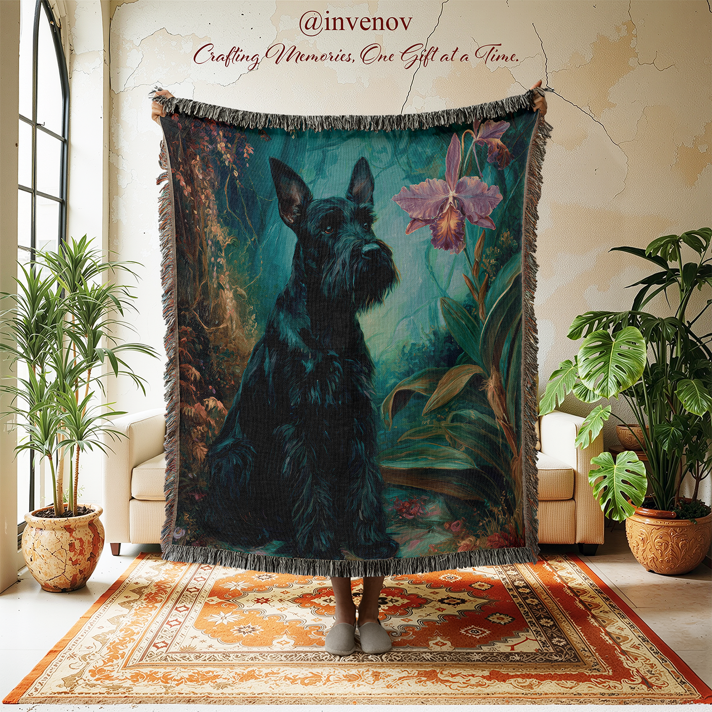 Decorative throw blanket with a dog and floral design in a room with plants and furniture.