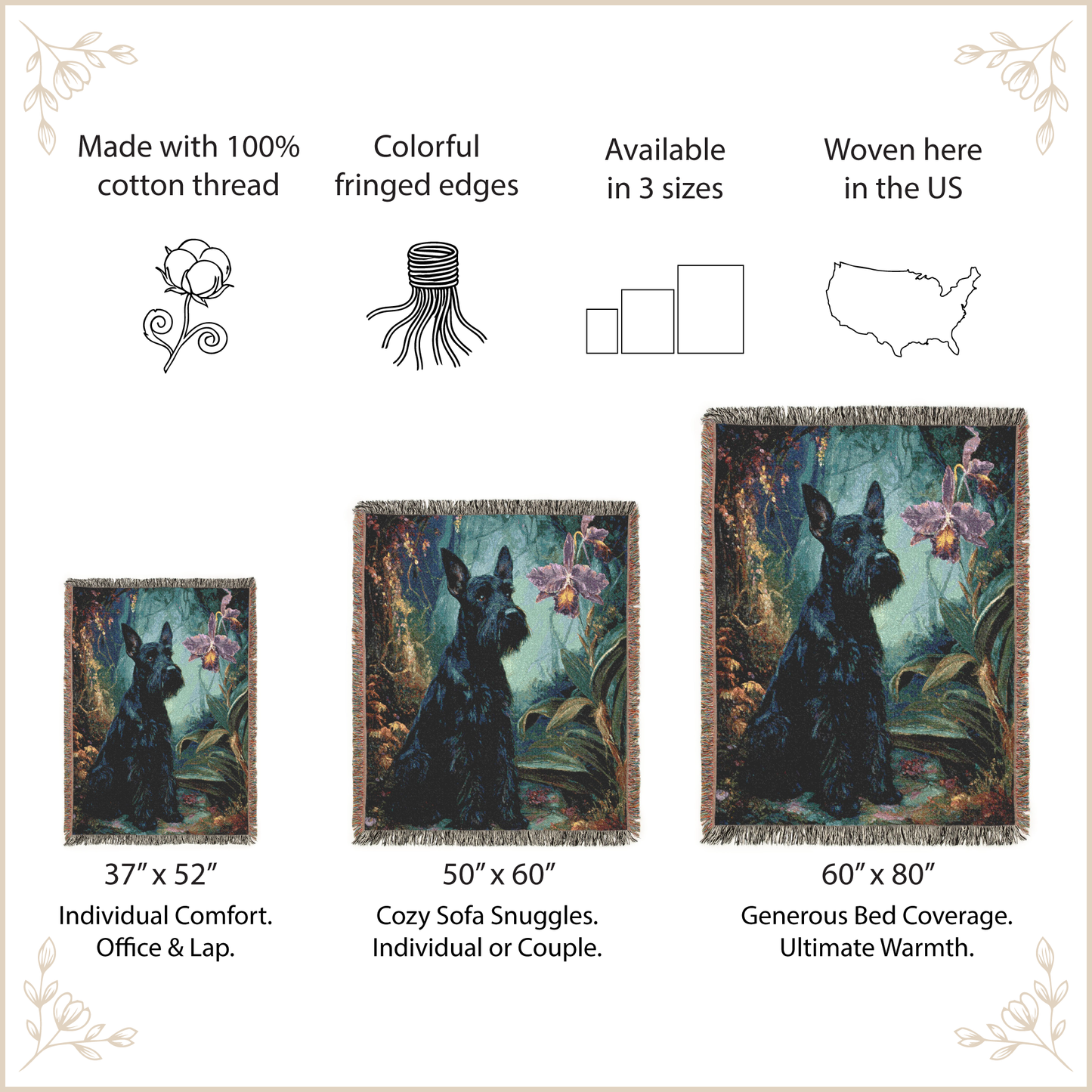 Woven tapestry with a dog design, featuring product size information and features.