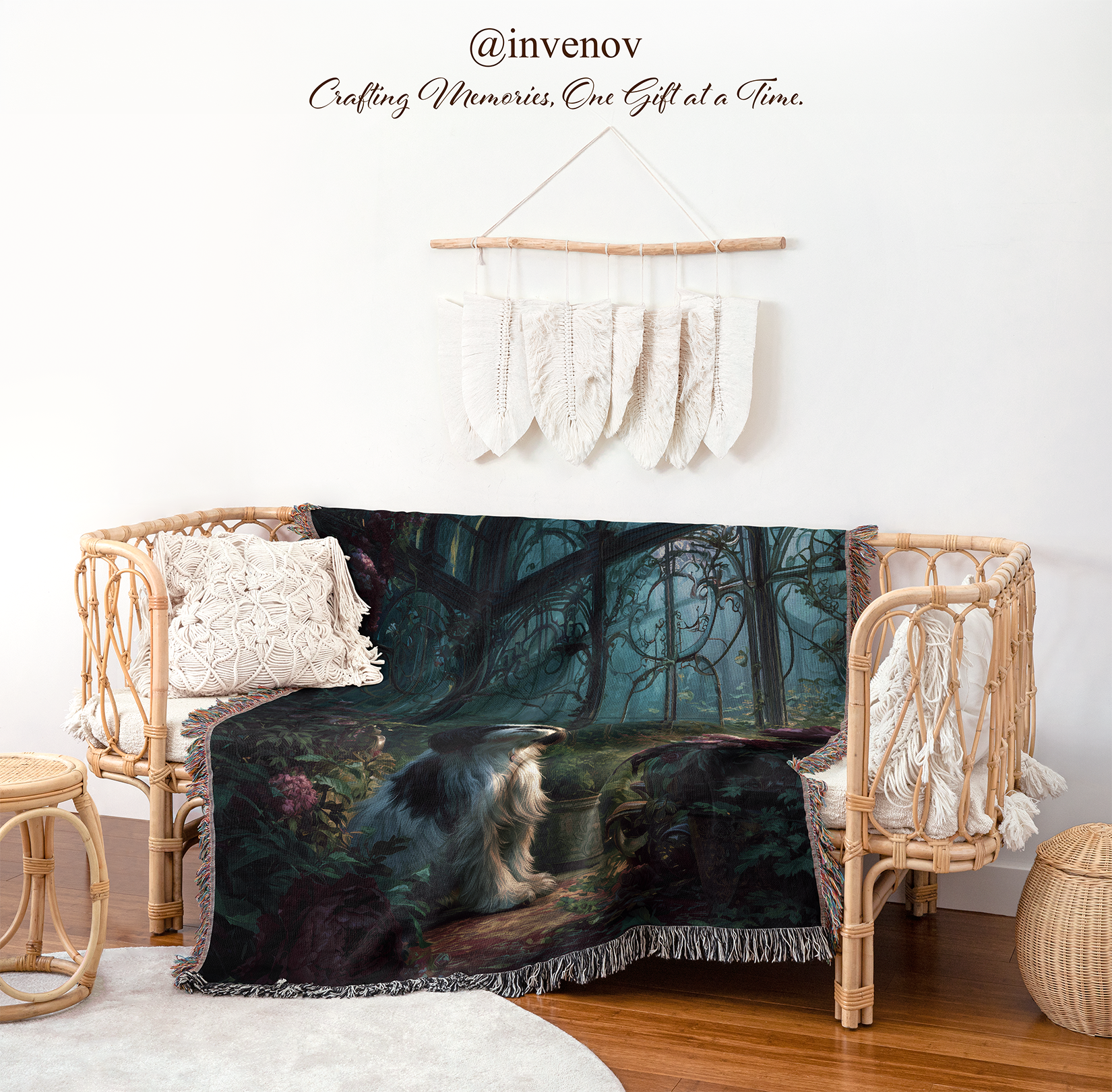 Decorative blanket with a forest design draped over a chair