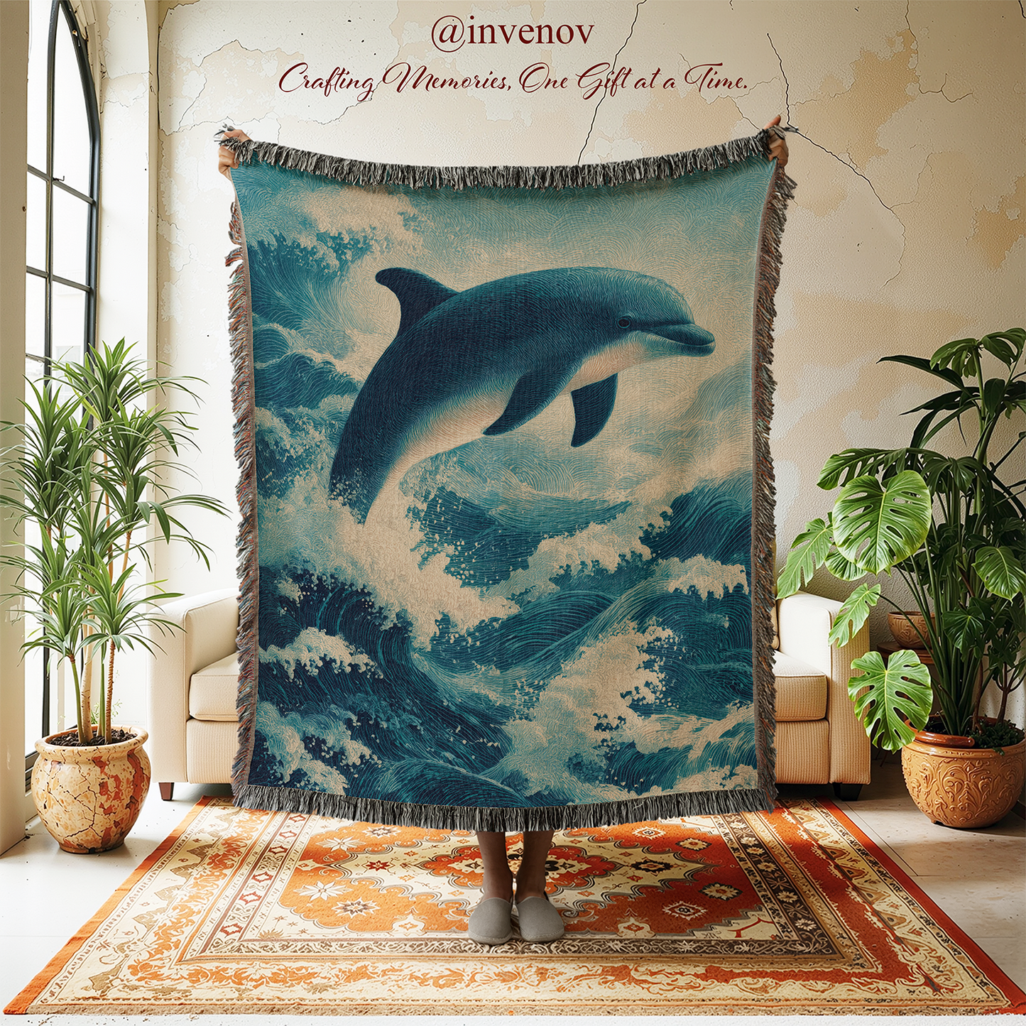 A large woven throw blanket featuring a blue dolphin leaping over ocean waves, held up in a styled room with plants, a chair, and a patterned rug. The blanket has fringed edges and is displayed against a textured wall with the text '@invenov Crafting Memories, One Gift at a Time.