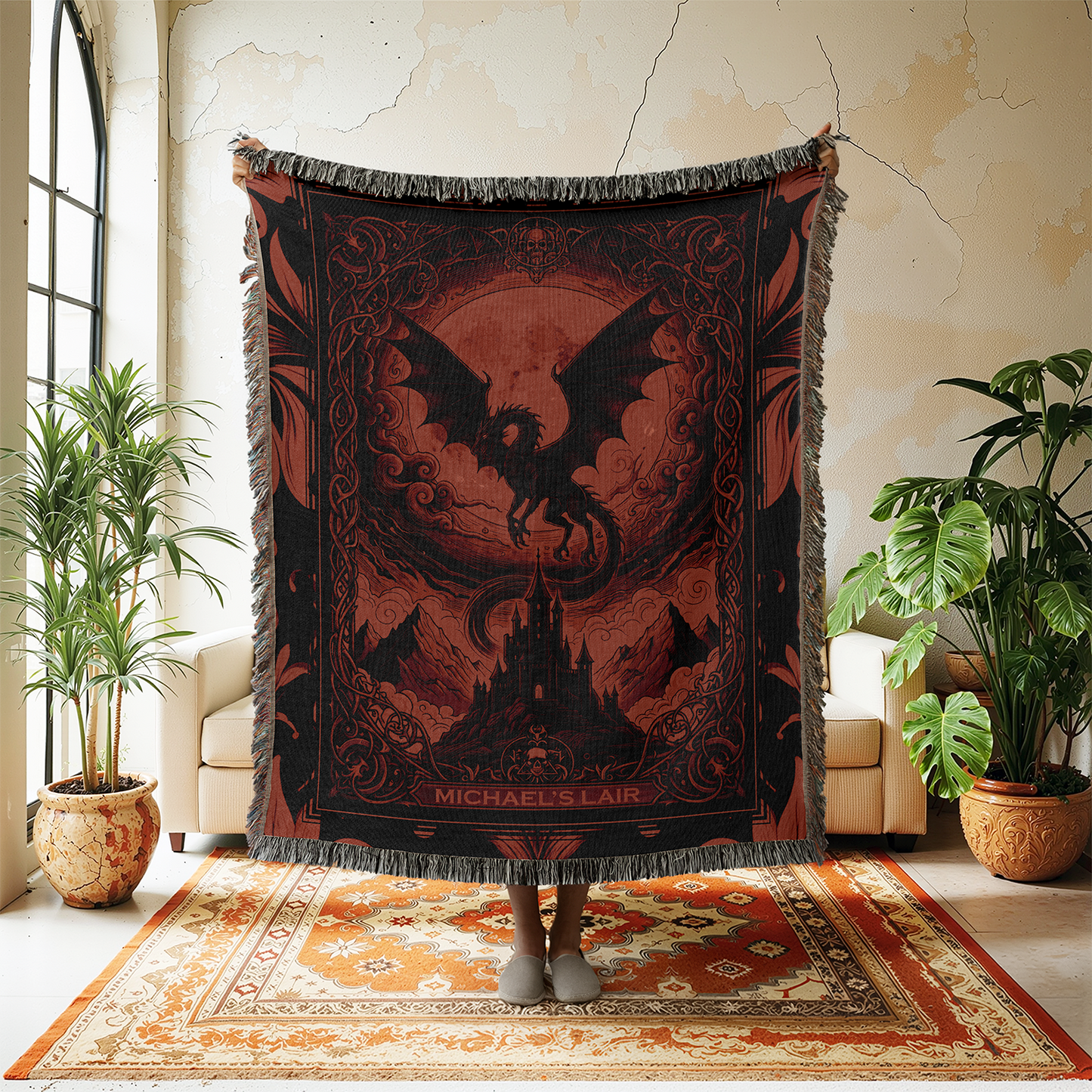 Personalized Dragon Lair Woven Blanket, Custom Name Fantasy Tapestry, Gothic Dark Academia Jacquard Throw, Fantasy Creature Lover Gift