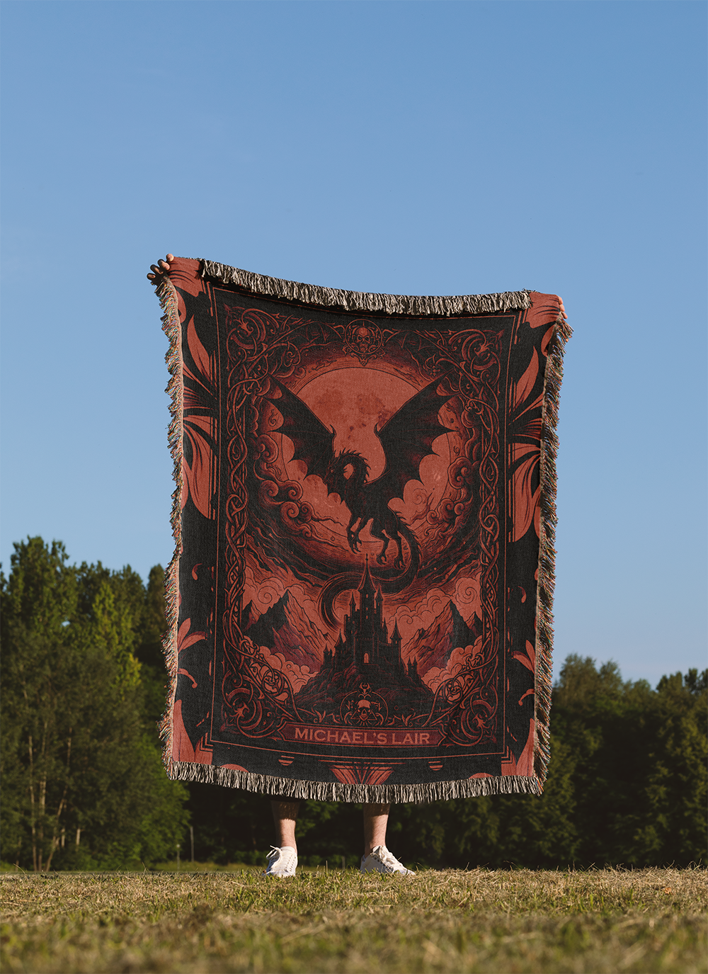 Personalized Dragon Lair Woven Blanket, Custom Name Fantasy Tapestry, Gothic Dark Academia Jacquard Throw, Fantasy Creature Lover Gift
